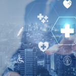 Medical Healthcare and Medicine Concept - Doctor in hospital with digital medical icons graphic interface showing symbol of medicine, health care people