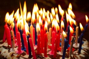 birthday cake with a lot of burning candles